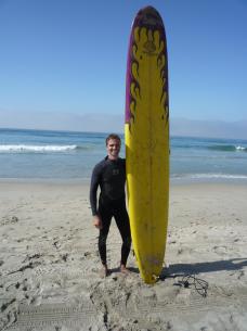 Kim with huge surfboard
